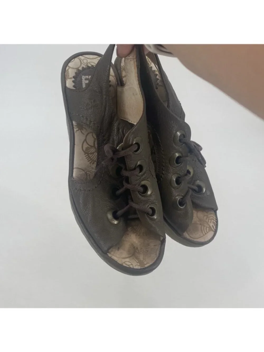 Fly London Women's Yifa Green Lace Up Wedge Sandal Size 36 US 5/5.5